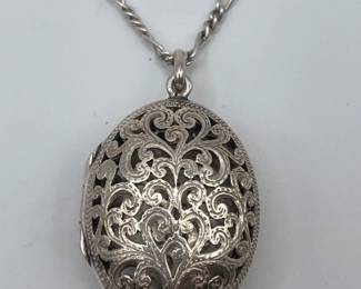 Sterling Silver Oval Filigree Locket Pendant on 24" Sterling Figaro Chain