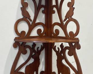 Walnut Corner Shelf with Deer and Bird Motif