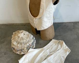 Vintage Mannequin Torso, 2 Vintage White Formal Vests, Lace Floral Bonnet with Tulle and Floral Decorations