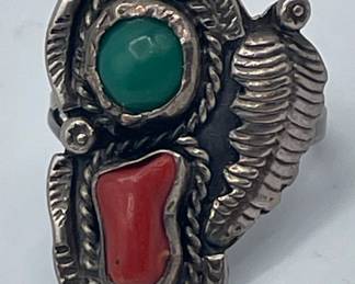 Native American Navajo Sterling Silver Turquoise and Coral Ring
