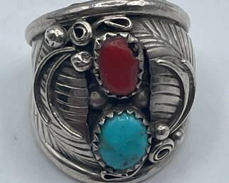 Native American Sterling Turquoise and Coral Ring