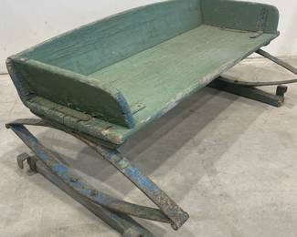 Antique Wooden Farm Spring Wagon Bench in Old Green & Blue Paint