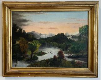 Early American 19th Century Hudson River Valley Scenic Oil Painting