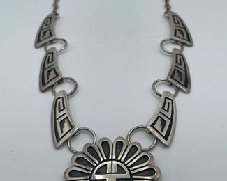 Heavy Native American Hopi Sunface Sterling Silver Necklace Signed with Bear Claw Mark