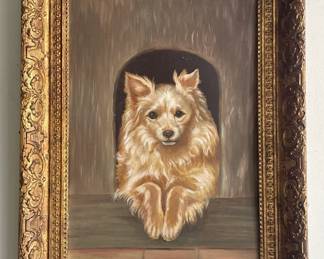 Framed Oil Painting on Academy Board Depicting Dog in Doghouse