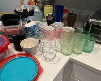 Mixed Lot of Green Hobnail Glassware and Assorted Kitchenware