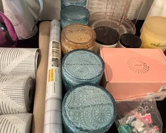 Assorted Home Decor Lot Embossed Glass Candle Jars, Geometric Contact Paper, and Cobbe Box