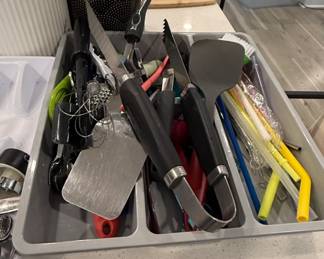 Mixed Kitchen Utensil Lot with Gray Plastic Drawer Organizer