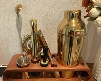 Gold Cocktail Bar Tool Set with Rotating Bamboo Stand