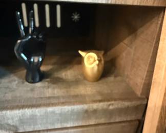 Modern Black Hand Sculpture and Gold Owl Figurine Set