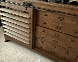 Modern Farmhouse Sliding Barn Door Media Console with Apothecary Drawers
