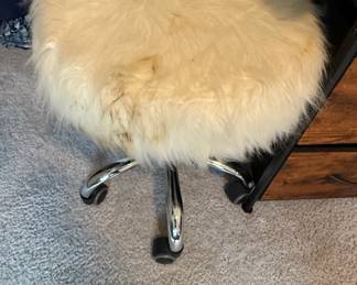 White Faux Fur Rolling Vanity Stool