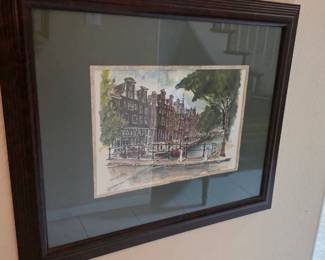 Watercolor painting of an Amsterdam canal scene by artist Gajewski