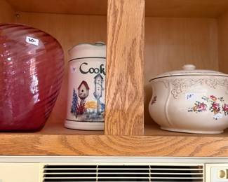 . . . art-glass vase, cookie jar, and chamber pot
