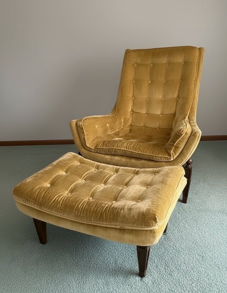 Mid-Century Modern Tufted Velvet Lounge Chair & Ottoman
