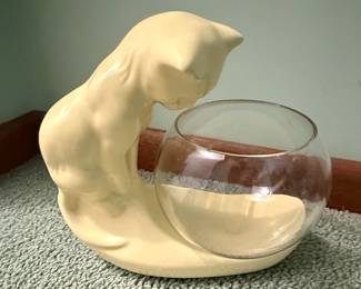 Vintage Yellow Ceramic Cat Fishbowl Planter