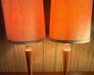Mid-Century Walnut and Brass Table Lamps Pair