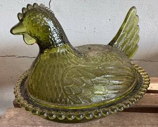 Indiana Glass Olive Green Hen on Nest Dish