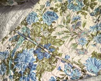 Blue Floral Quilted Bedspread and Curtain Set