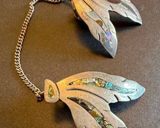 Mexican Sterling Abalone Leaf Brooch Set