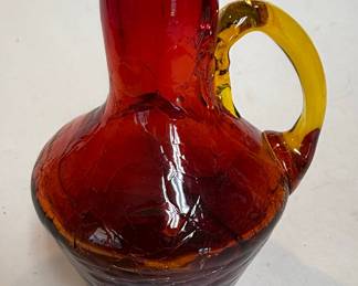Amberina Crackle Glass Pitcher with Yellow Handle