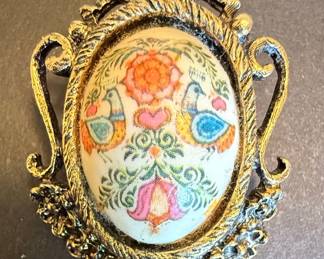 Vintage Folk Art Style Bird Floral Brooch