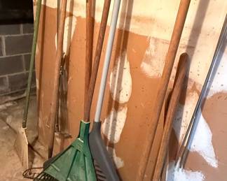 Assorted Garden Rakes and Hand Tools