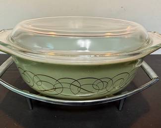 Pyrex Golden Scroll Sage Green Casserole w/ Cradle