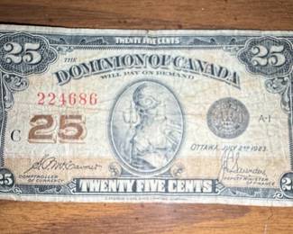 1923 Dominion of Canada 25 Cent Shinplaster McCavour/Saunders