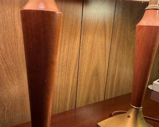 Mid-Century Walnut and Brass Table Lamps Pair