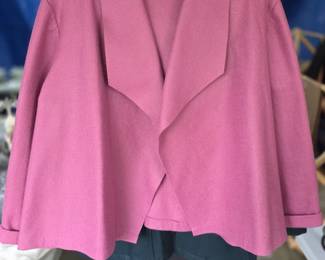  blazer features an open-front design with a distinctive structured collar.
