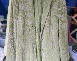 Merona coat features a distinctive green and purple brocade tapestry design.