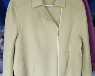  Cabi "Road Trip" jacket in olive green features a moto-style asymmetrical zipper and a structured collar.