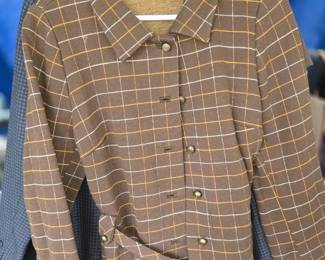 John Meyer wool clasp jacket features a distinctive brown checkered pattern and a unique buckle detail.