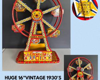 J. CHEIN 1930’s Tin Ferris Wheel ‘Hercules’ in working condition- graphics in excellent condition!
