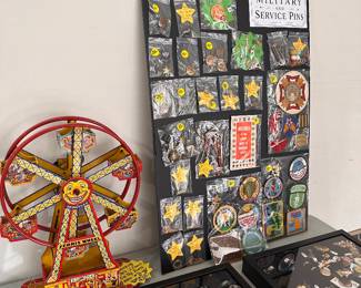 Vintage military, and service pins; tin toy; costume and Sterling jewelry