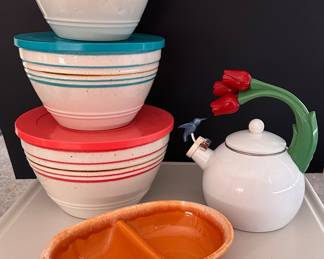 Melamine nesting bowls with lids; Hull orange, drip, where divided bowl; hummingbird enamel, whistling teapot