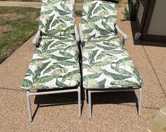 White Metal Outdoor Chaise Lounge Pair with Palm Leaf Cushions