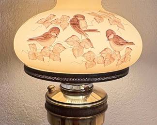 Vintage "Gone With The Wind" Style Milk Glass Hurricane Table Lamp with Bird Motif