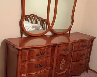 Vintage French Provincial Triple Dresser with Double Oval Mirror by Drexel