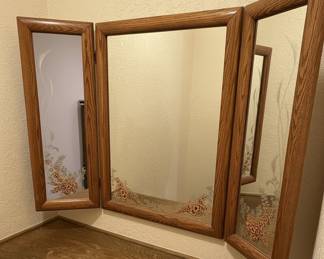 Vintage Broyhill Solid Oak Country French Style Tri-View Dresser Mirror