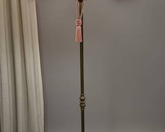 Vintage Brass Bridge Floor Lamp with Pink Fluted Glass Shades