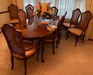 Drexel Heritage French Provincial Cane Back Dining Chairs and Dining Table Set