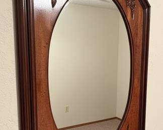 Vintage Octagonal Oak Wood Framed Mirror with Floral Carvings