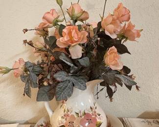 Vintage Floral Ceramic Pitcher and Bathroom Accessory Set