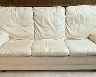 White Italian Natuzzi Style Leather Three-Cushion Sofa