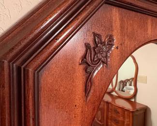 Vintage Octagonal Oak Wood Framed Mirror with Floral Carvings