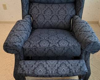 Blue Damask Wingback Recliner with Wooden Legs