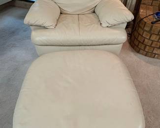 Off-White Leather Armchair and Ottoman Set - Chateau Dax Style