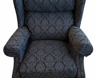 Blue Damask Wingback Recliner with Wooden Legs
